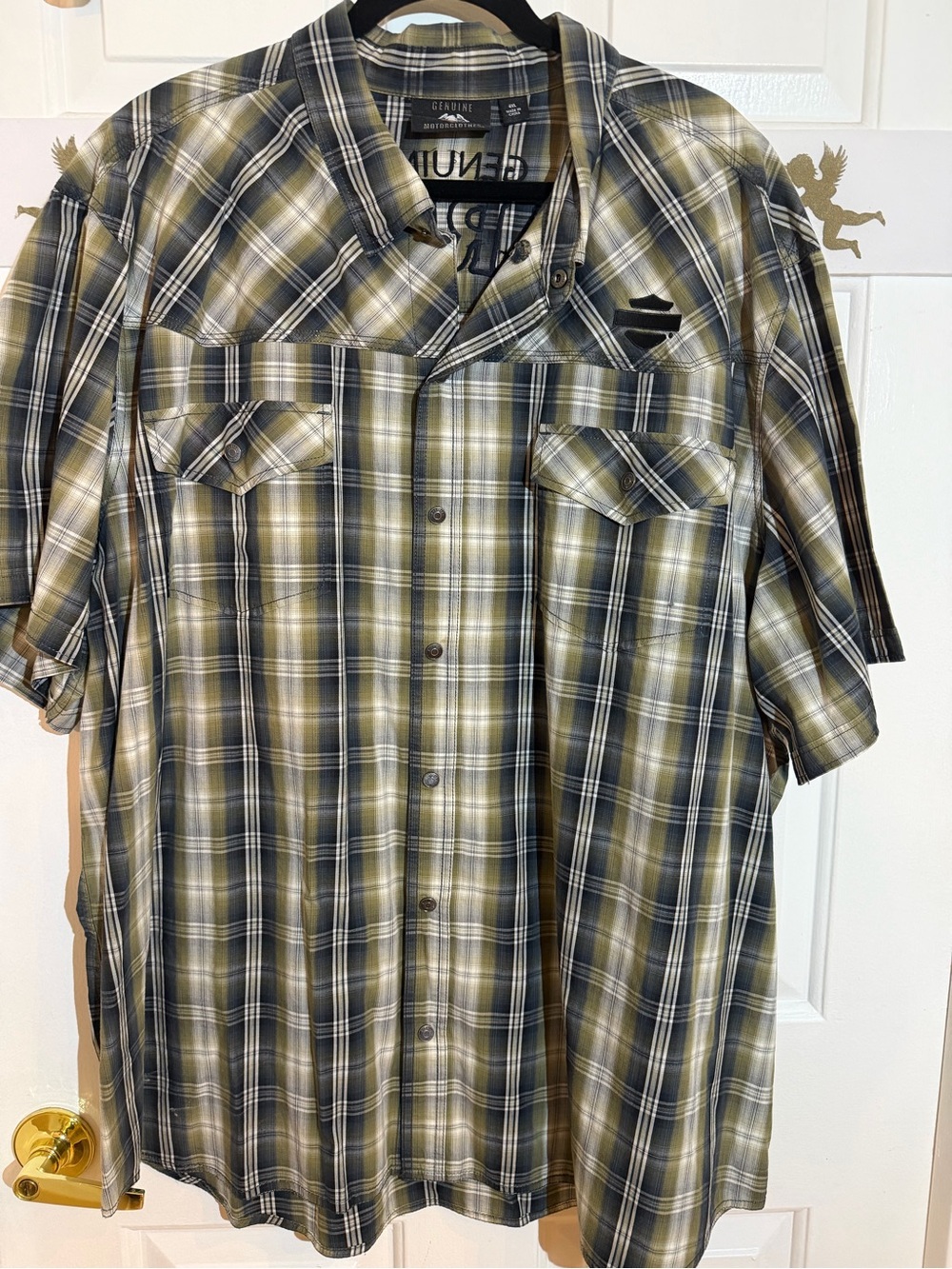 Harley Davidson Men's Olive & Black Plaid Short-Sleeve Button-Up Shirt